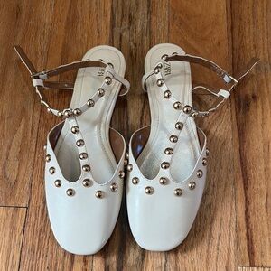 Zara Cream Studded Flats with T-Strap Design